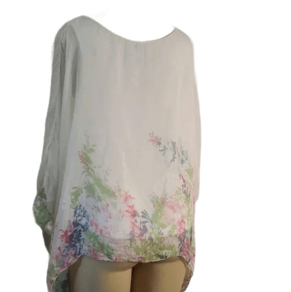 Elena Baldi Ivory Floral Tops 100% Silk Dolman Sleeve blouse size L - Picture 4 of 10